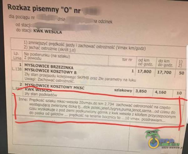 Rozkaz pisemny O nr t• MYSŁOWICE BRZEZINKA MYSŁOWICE B Zh stan SĂPMS 2 (Vîľ.aă krn;gcd:) t 17,800 szlakowy 3. SSO 17,700 4,160 owłCE KOSZTOWY MKSC gen 10 73,4 na czasu