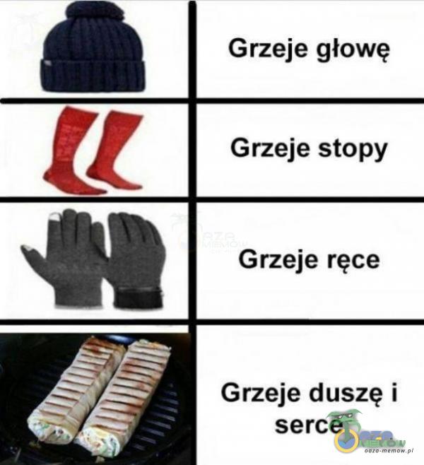 Grzeje głowę Grzeje stopy Grzeje ręce Grzeje duszę i serce