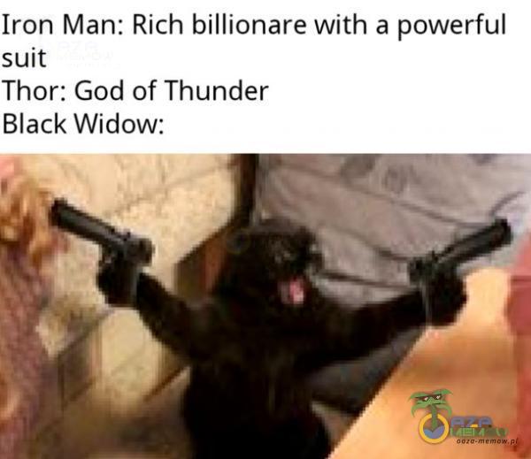 Iron Man: Rich billionare with a powerful suit Thor: God of Thunder Błack Widow: