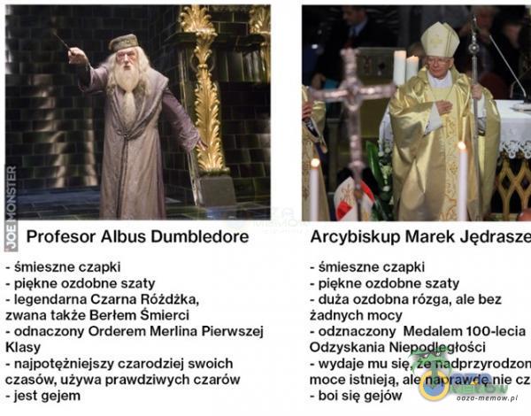   Profesor Albus Dumbledore - śmieszne czapki - piękne ozdobne szaty - legendarna Czarna Różdżka, zwana także Berłem Śmierci - odnaczony Orderem Merlina Pierwszej Klasy - najpotężniejszy czarodziej swoich czasów, używa prawdziwych czarów...