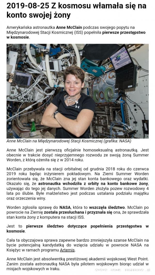  2019-08-25 Z kosmosu włamała się na konto swojej żony Amerykańska astronautka Anne McClain podczas swojego popytu na Międzynarodowej Stacji...