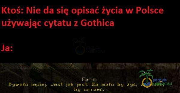 Ktoś: Nie da się opisać życia w Polsce używając cytatu z Gothica Ja: Far im bywało lepiej. Jest iak jest. Za mało by umrzeć, za dużo,