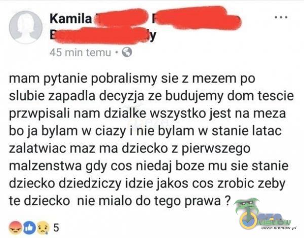  mam pytanie pobralismy sie zmezem po slubie zapadla decyzja ze budujemy domtescie przwpisali nam dzialke wszystko jest narmeza bo ja bylam i nie bylam w stanie lstac zalatwiao maz ma dziecko z pierwszego malzenstwa gdy cos nieda| boze me sie stanie...