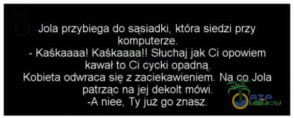 Jola przybiega do sąsiadki, która siedzi przy komputerze. - Kaśkaaaa! Kaśkaaaa!l Słuchaj jak Ci opowiem kawał to Ci cycki opadną. Kobieta odwraca się z zaciekawieniem. Na co Jola patrząc na jej dekolt mówi -A niee, Ty już go znasz.