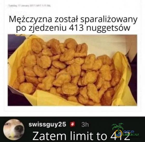 Mężczyzna został sparaliżowany po zjedzeniu 413 nuggetsów swissguy25 3h Zatem limit to 412