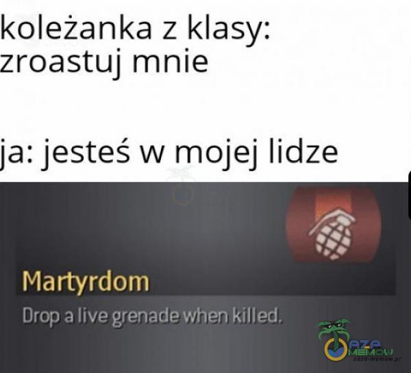 koleżanka z klasy: zroastuj mnie p: jesteś w mojej lidze Martyrdom Drop a live grenade when killed.