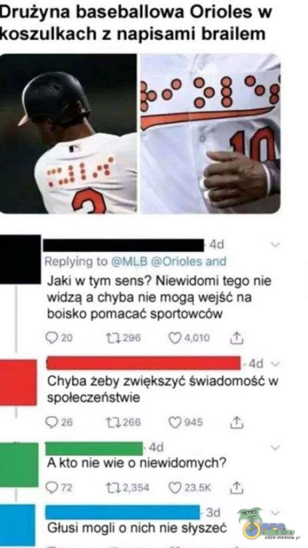   Drużyna baseballowa Orioles w koszulkach z napisami brailem Reying to MLB Ortoles and Jaki w tym sens? Niewidomi tego nie widzą a chyba nie mogą wejść na boisko pomacać sportowców 0 20 u 296 0 4,010 Chyba żeby zwiększyć świadomość w...