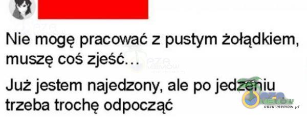 Nie mogę pracować z pustym żołądkiem, muszę coś zjeść. .. Już janem najedzony, ale po jedzeniu trzeba trochę odpocząć