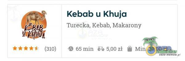 Kebab u Khuja***urecka, Kebab, Makarony (310) 0 65 min 5,00zł Min. 30,00zł