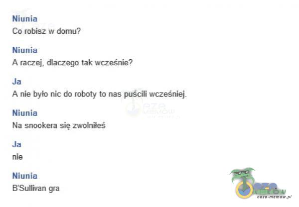 Niunia Co robisz w domu? Niunia A raczej, tak wcześnie? Ja A nie było nic do roboty to nas puściE wcześniej Niunia Na snookera się zwolniłeś Ja Niunia BSulIivan gra