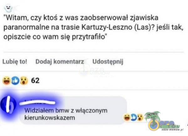 0: ”Witam. ny ktoś : wa s źaobsenwnWal zjawiska paranormame na trasie Karwiny—Leszno (Las)? )eśll tak] opiszcre co wam się przykamo” lelęve MI:”.MBR malemu] mw Farm „W kierunkowi m