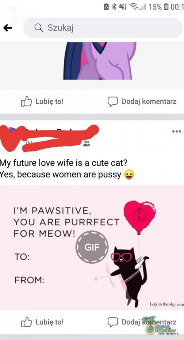Q szukaj Lubię to! * a 00:1 Dodaj komentarz My future love wife is a cute cat? Yes, because women are pussy I M PAWSITIVE, YOU ARE PURRFECT FOR MEOW! I GIF TO: FROM: Lubię to! Dodaj komentarz