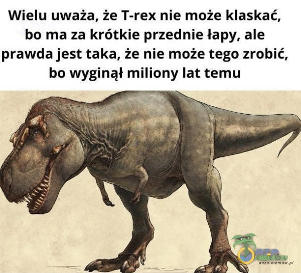 Wielu uważa, że T-rex nie może klaskać, bo ma za krótkie przednie łapy, ale prawda jest taką, że nie może tego zrobić, bo wyginął miliony lat temu ak