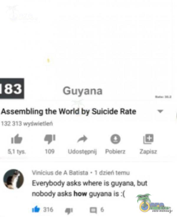 Guyana Assembling the World by Suicide Rate 132 313 wyțw•etleń tył lm Poberz A Battsta • 1 dneń EveryOody asks wbere is guyana. mbody asks how gWana is :(
