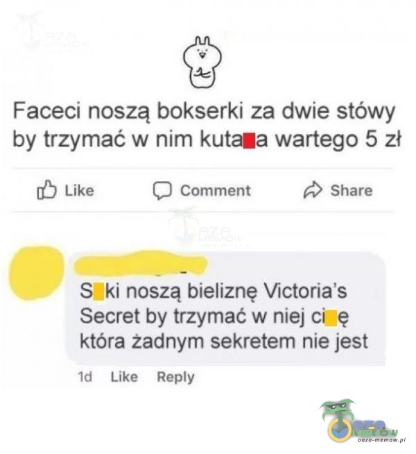 Faceci noszą bokserki za dwie stówy by trzymać w nim kułana wartego 5 zł Like Comment Share S ki noszą bieliznę Victoria s Secret by trzymać w niej ci ę która żadnym sekretem nie jest ld Like Rey