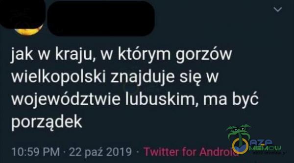 jak w kraju, w którym gorzów wielkopolski znajduje się w województwie lubuskim, ma być porządek 10:59 PM 22 paź 2019 Twitter for Android