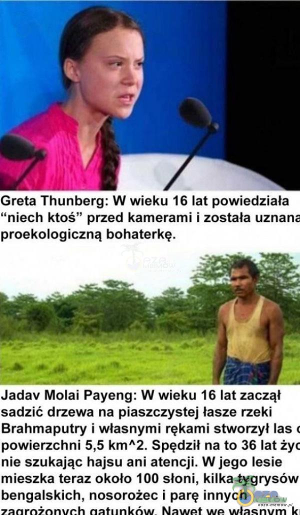   Greta Thunberg: W wieku 16 lat powiedziała niech ktoś” przed kamerami i została uznane proekologiczną bohaterkę. Jadav Molai Payeng: W wieku 16 lat zaczął sadzić drzewa na piaszczystej łasze rzeki Brahmaputry i własnymi rękami stworzył...