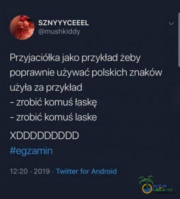 SZNYYYCEEEL mushkiddy Przyjaciółka jako przykład żeby poprawnie używać polskich znaków użyła za przykład - zrobić komuś łaskę - zrobić komuś laske XDDDDDDDDD #egzamin 12:20 • 2019 Twitter for Android