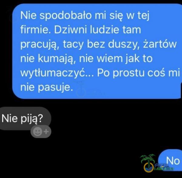 Nie spodobało mi się w tej firmie. Dziwni ludzie tam pracują, tacy bez duszy, żartów nie kumają, nie wiem jak to wytłumaczyć... Po prostu coś mi nie pasuje. Nie piją? No