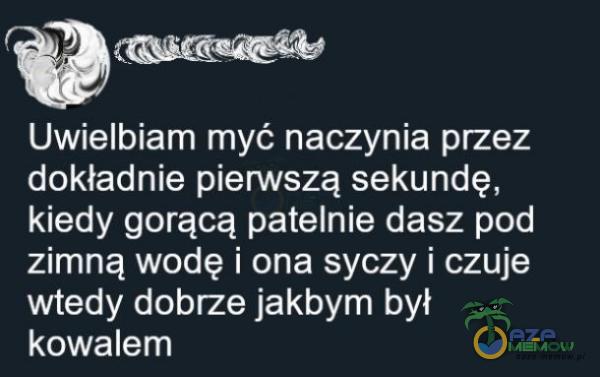 Uwielbiam myć naczynia przez dokładnie pierwszą sekundę, kiedy gorącą patelnie dasz pod zimną wodę i ona syczy i czuje wtedy dobrze jakbym był kowalem