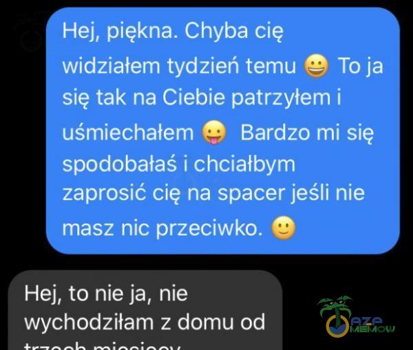 Hej, piękna. Chyba cię widziałem tydzień temu Toja się tak na Ciebie patrzyłem i uśmiechałem Bardzo mi się spodobałaś i chciałbym zaprosić cię na spacer jeśli nie masz nic przeciwko. Hej, to nie ja, nie wychodziłam z domu od