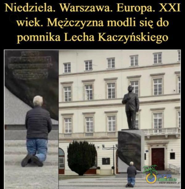 Niedziela. Warszawa. Europa. XXI wiek. Mężczyzna modli się da pomnika Lecha Kaczyńskiego