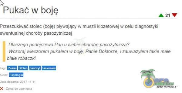  Pukać w boję Przeszukiwać stolec (boję) płwłający w muszli klozetowej w celu diagnostyki ewentualnej choroby pasożytniczej -Dlaczego podejrzewa Pan u siebie chorobę pasożytniczą ? Wczoraj wieczorem pukałem w boję, Panie Doktorze, i...