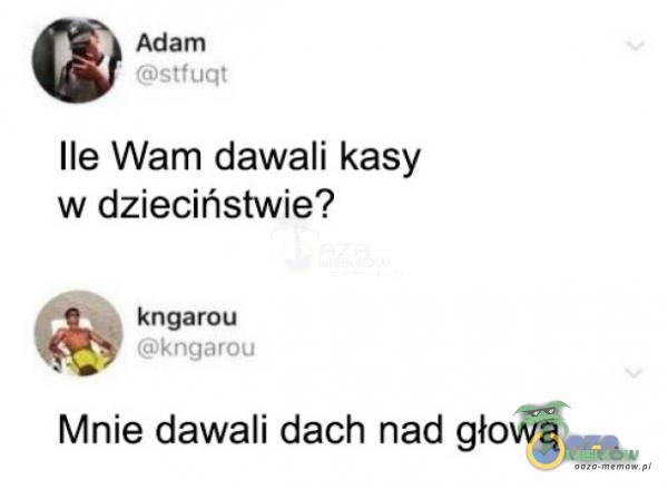 Adam stfuqt Ile Wam dawali kasy w dzieciństwie? kngarou kngarou Mnie dawali dach nad głową