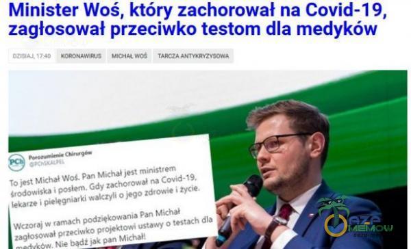 Minister Woś, który zachorował na Covid-19, zaglosowal przeciwka testom dla medyków