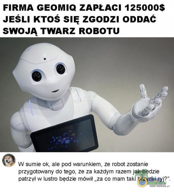  FIRMA GEOMIQ ZAPŁACI 125000$ JEŚLI KTOŚ SIĘ ZGODZI ODDAĆ SWOJĄ TWARZ ROBOTO W sumie ok, ale pod warunkiem, że robot zostanie przygotowany do tego, że za każdym razem jak będzie patrzył w lustro będzie mówił „za co mam taki brzydki...