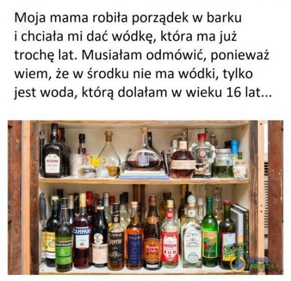 Moja mama robiła porządek w barku i chciała mi dać wódkę, która ma już trochę lat. Musiałam odmówić, ponieważ wiem, że w środku nie ma wódki, tylko jest woda, którą dolałam w wieku 16