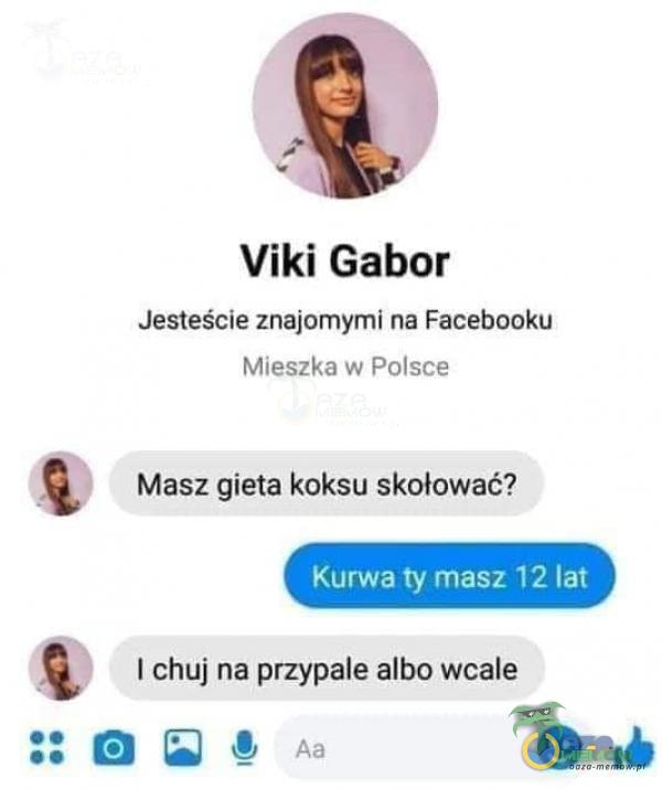 Viki Gabor Jesteście znajomymi na Facebooku Mieszka w Polsce Masz gieta koksu skołować? K***a ty masz 12 lat I c**j na przypale albo wcale