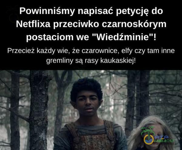 Powinniśmy napisać petycję do Netflixa przeciwko czarnoskórym postaciom we Wiedźminie ! Przecież każdy wie, że czarownice, elfy czy tam inne gremliny są rasy kaukaskiej!